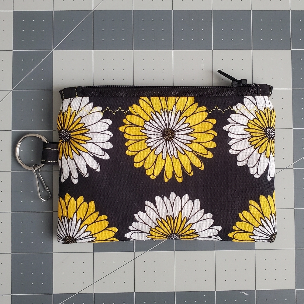 Handmade Black Wallet with Yellow and White Floral Design Coin Purse